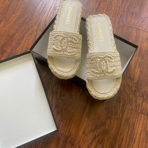 Chanel Beige Woven Slide Sandals
